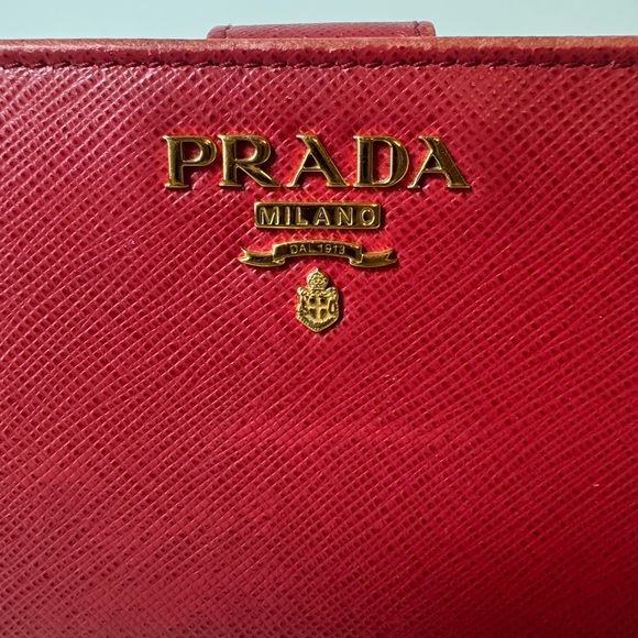 Prada Women’s Red Leather Saffiano Small Bifold Wallet with Gold-Toned Hardware - Picture 2 of 13